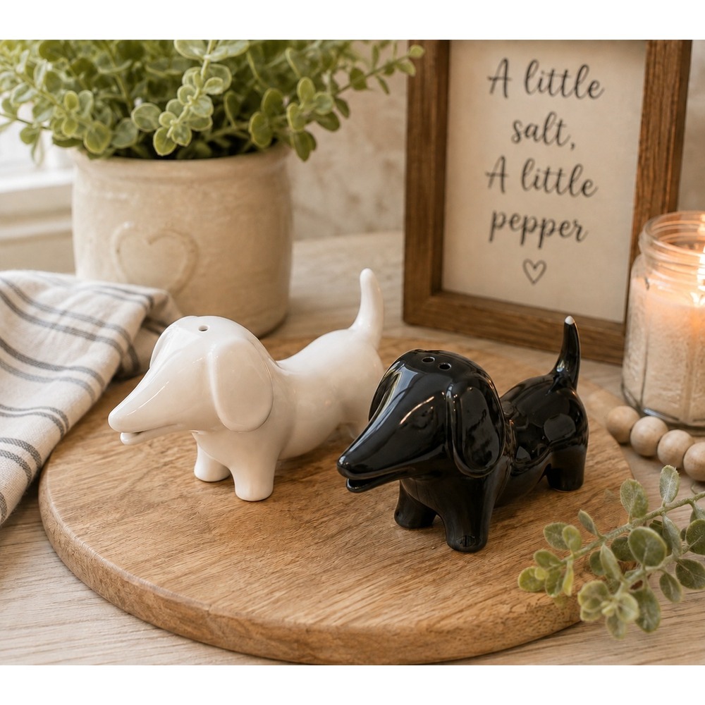 Ceramic Dachshund Wiener Dog Salt and Pepper Shakers Set Black and White Glossy